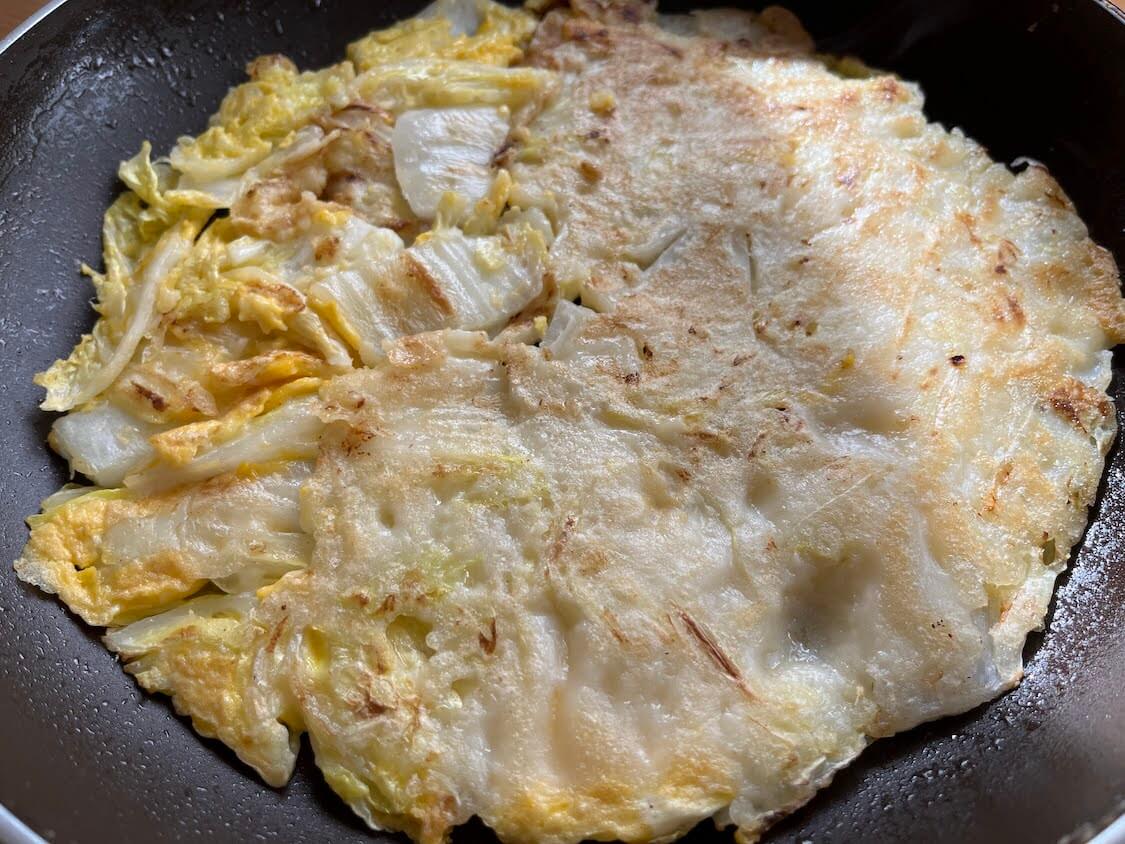 白菜チヂミのレシピ。白菜だけ、卵入りで作った時